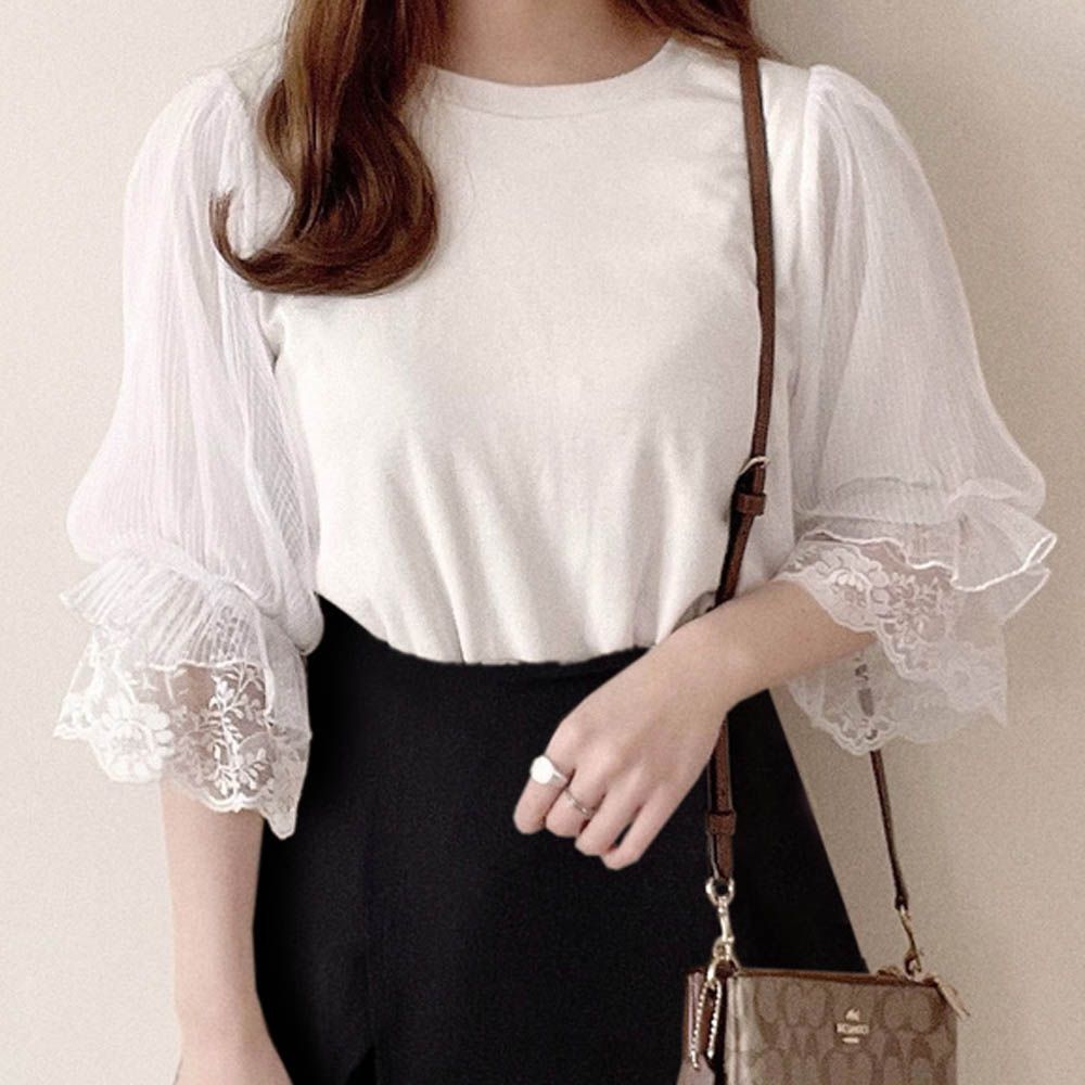 背蝴蝶結浪漫薄紗蕾絲短袖上衣-米白 (F)