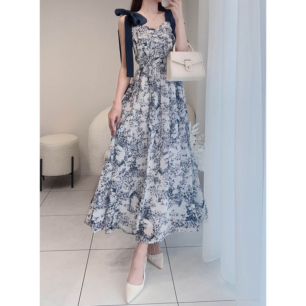 單色花卉印花肩綁帶無袖洋裝-藍