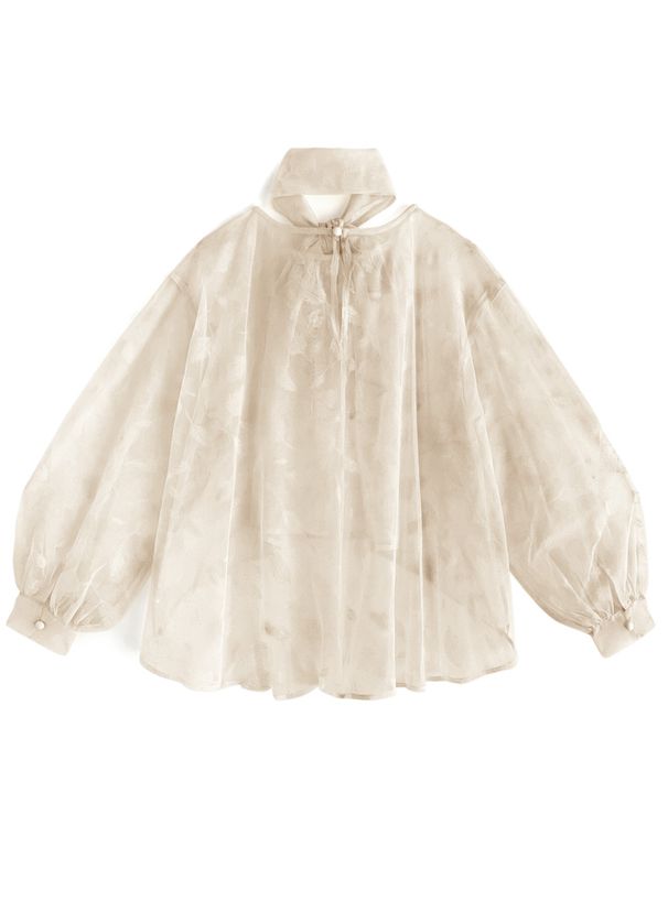 日本 GRL - 葉子紋溫柔蝴蝶結泡泡袖上衣-米杏 (F)