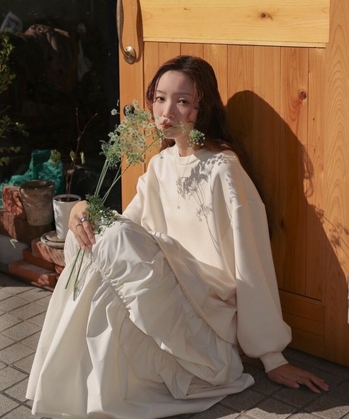 日本 Bab - 柔美造型皺摺拼接長袖洋裝-淺杏