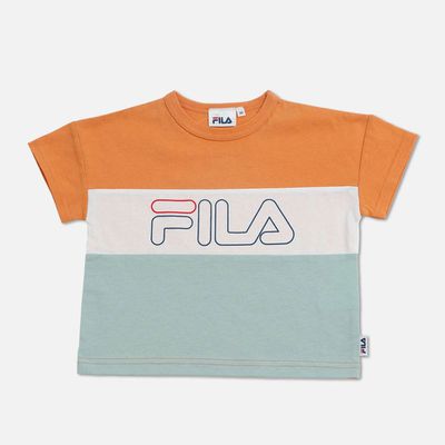 日本 Chil2 - FILA聯名 休閒短袖上衣-條紋撞色-橘x白x綠