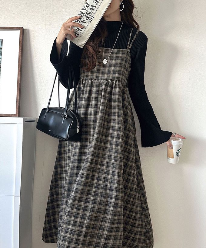 日本 Classical Elf - 學院風格紋甜美雙吊帶洋裝-深灰棕