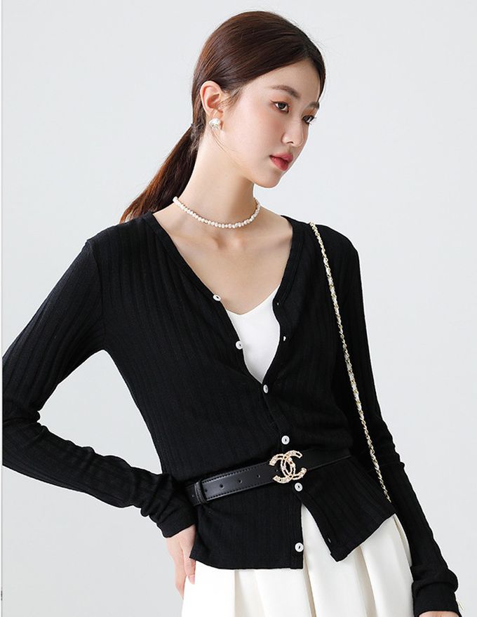 V領坑條紋針織開衫外套/上衣-粉色