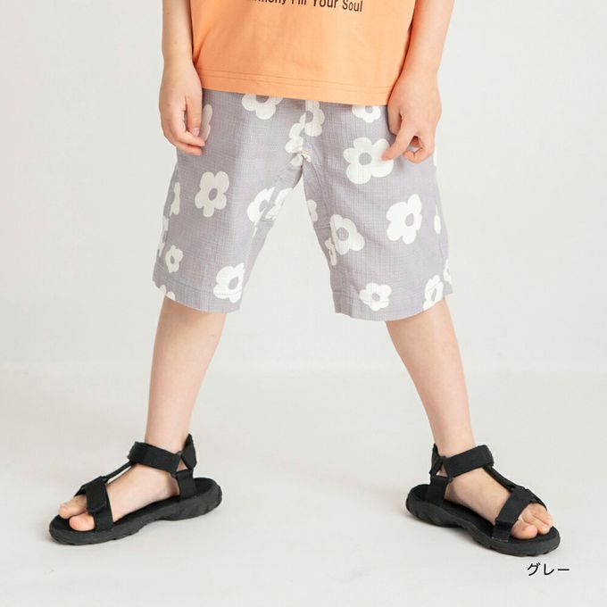 日本 BRANSHES - 純棉粗織透氣印花短褲-花朵-灰
