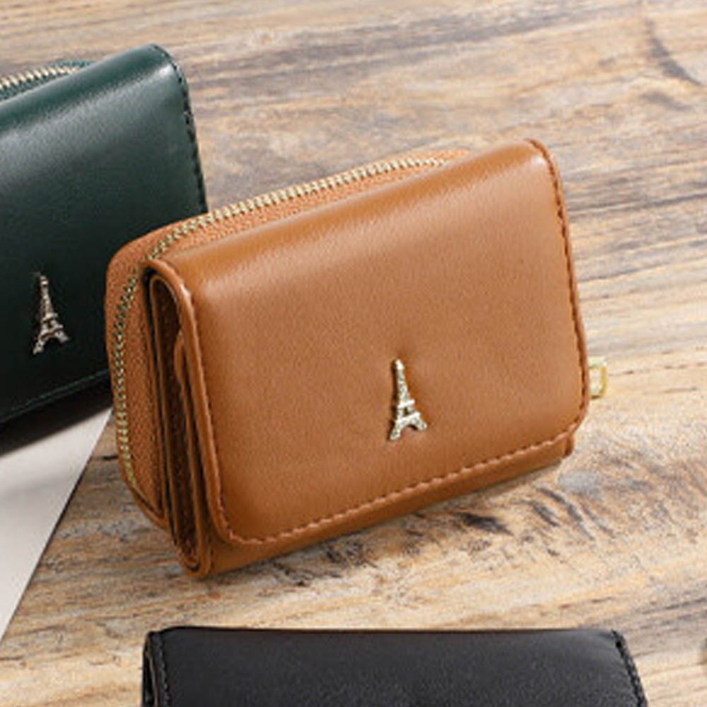 巴黎鐵塔三折輕巧迷你短夾-焦糖棕