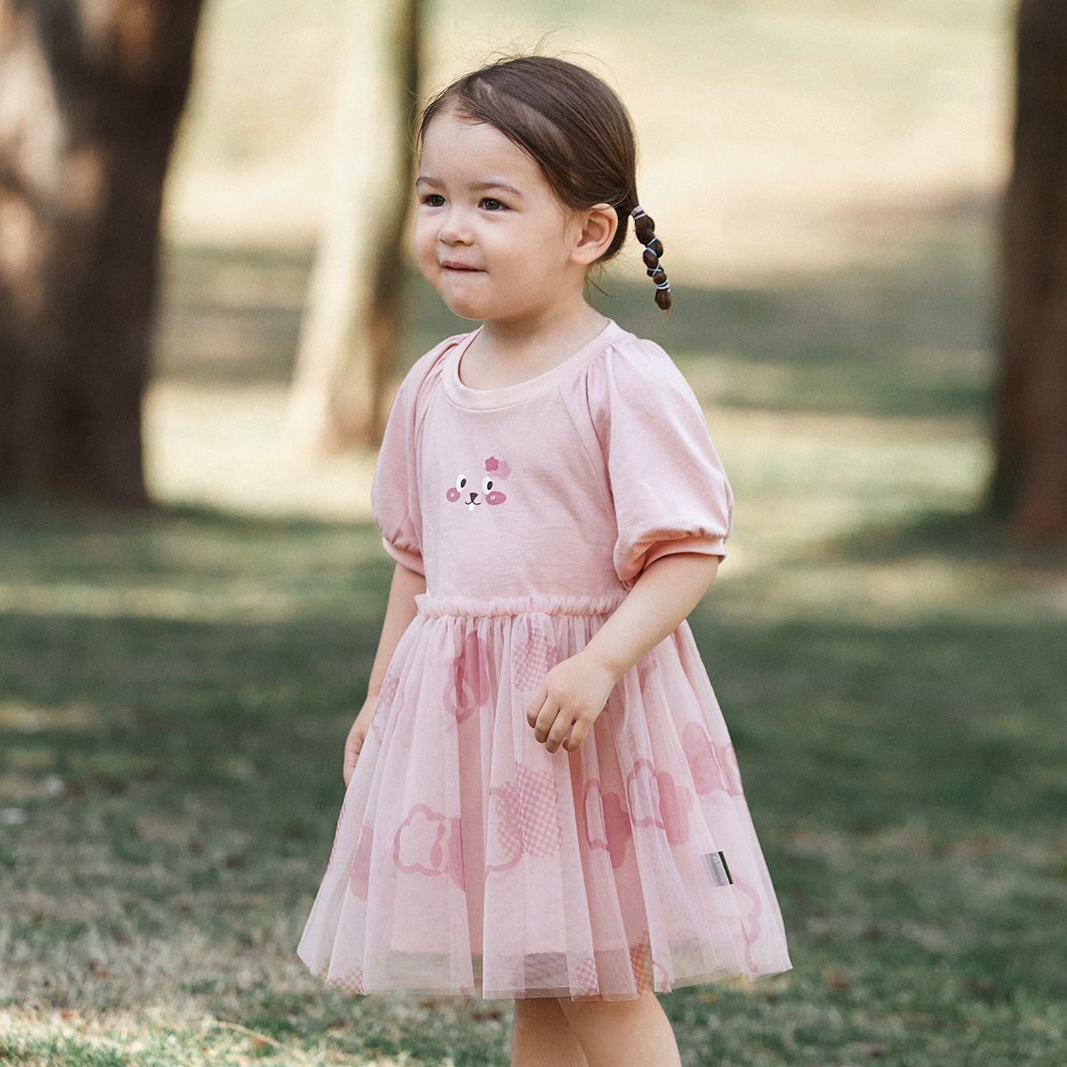 網紗公主袖連身洋裝-微笑小圖-粉色