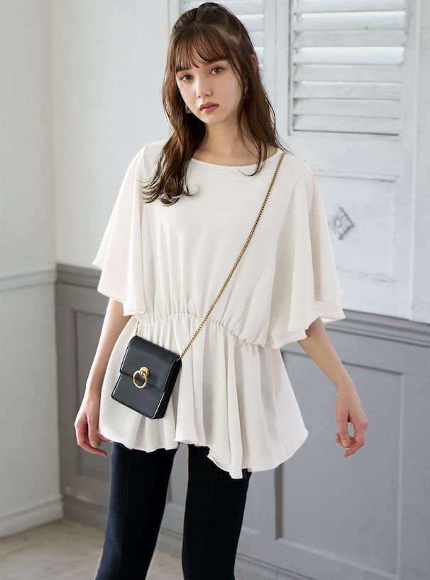 日本 GRL - 圓領寬鬆收腰波浪短袖上衣-米杏 (F)