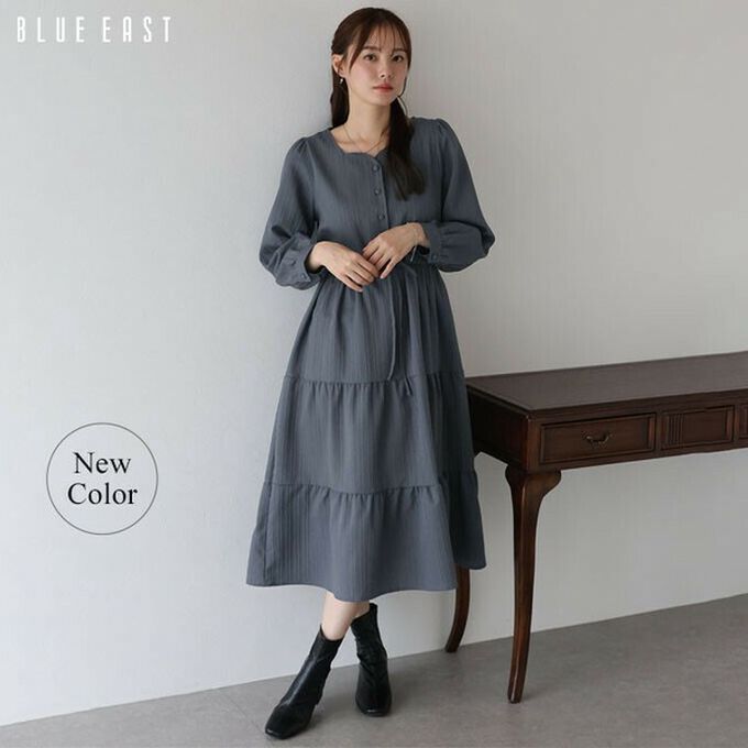 日本 BLUE EAST - 美型桃心領腰綁帶分層泡泡袖洋裝-卡其杏