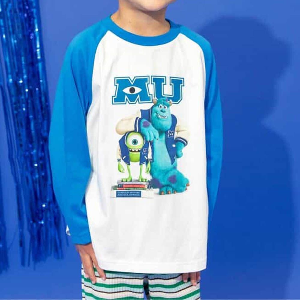 聯名款 100%棉印花長袖上衣-卡通怪獸電力公司-白X藍