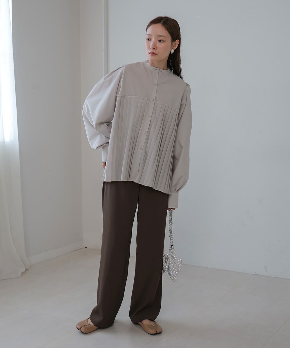 日本 Bab - 歐風百褶拼接泡泡袖襯衫-灰棕