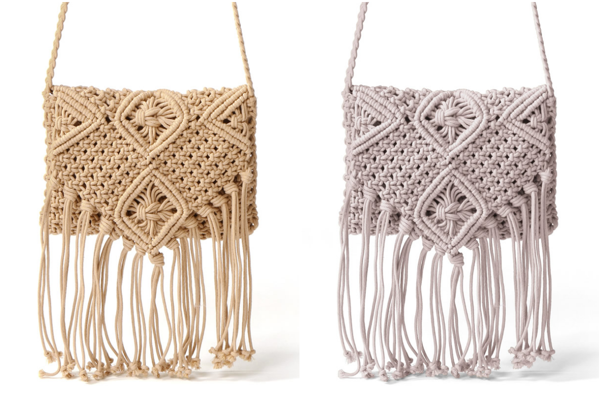 日本 GRL - 波希米雅度假風編織流蘇側背包-淺灰杏