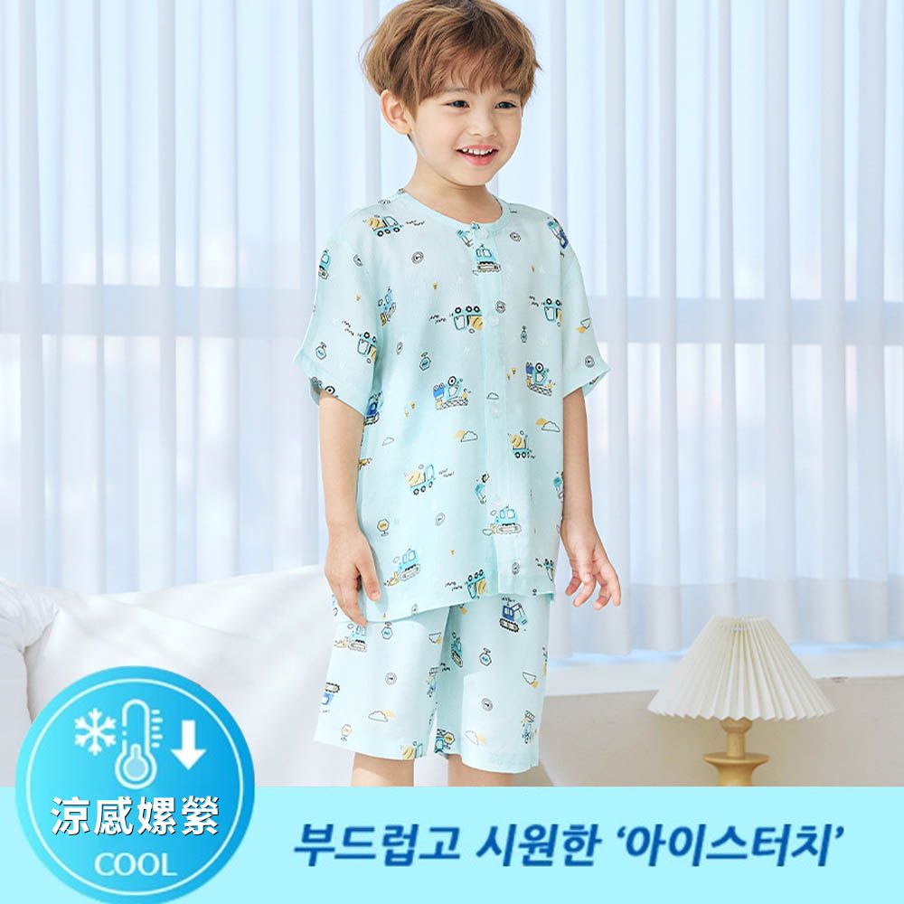 [Primium]涼感嫘縈透氣短袖睡衣套裝-迷你工程車-天藍