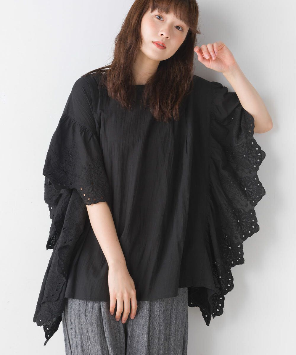 日本女裝代購 - 文藝刺繡大波浪寬鬆短袖上衣-經典黑