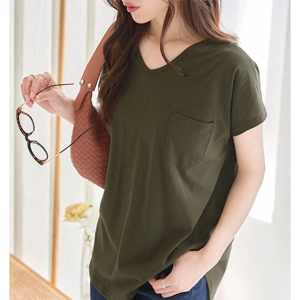 抗透汗 純棉V領口袋修身短袖上衣-墨綠