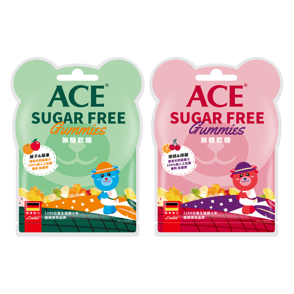 ACE - ZERO SUGAR 蘋果橘子無糖Q軟糖X1袋+ZERO SUGAR 櫻桃檸檬無糖Q軟糖40gX1袋
