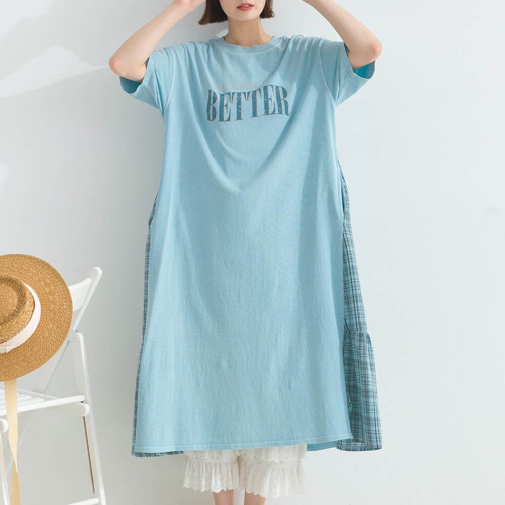 復古寬鬆格紋拼接短袖洋裝-BETTER-水藍