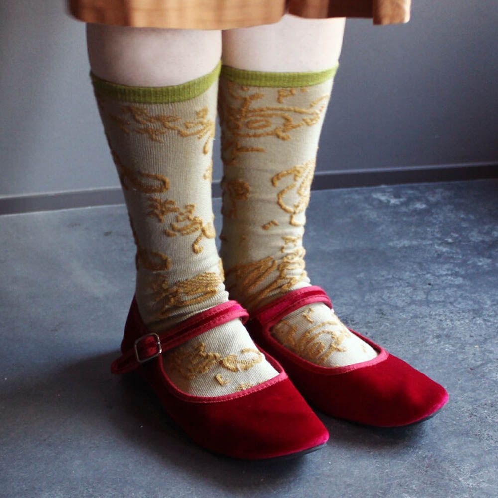 日本製 伊索寓言印花長襪-螞蟻與蟋蟀-淺灰綠 (23-25cm)