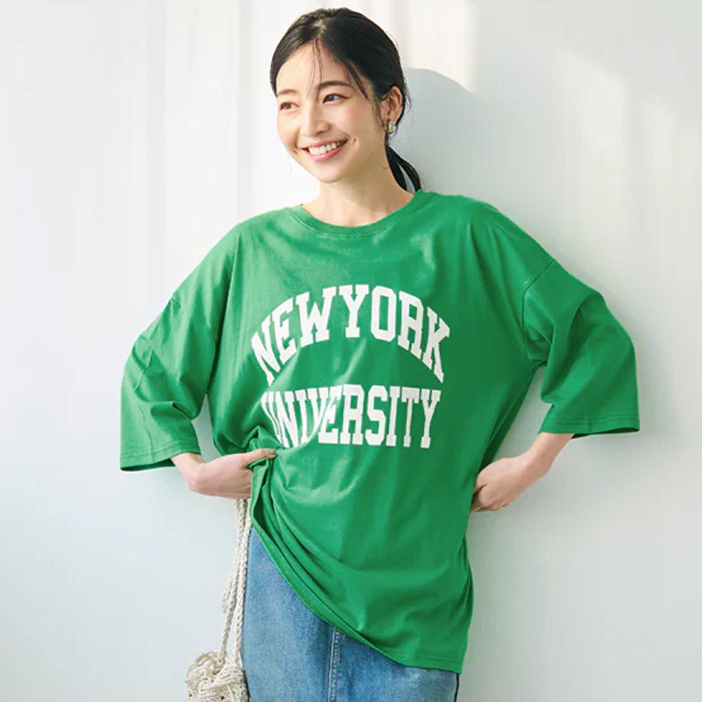 日本 COCA - [大人]英文標語寬鬆短袖上衣-New York-綠