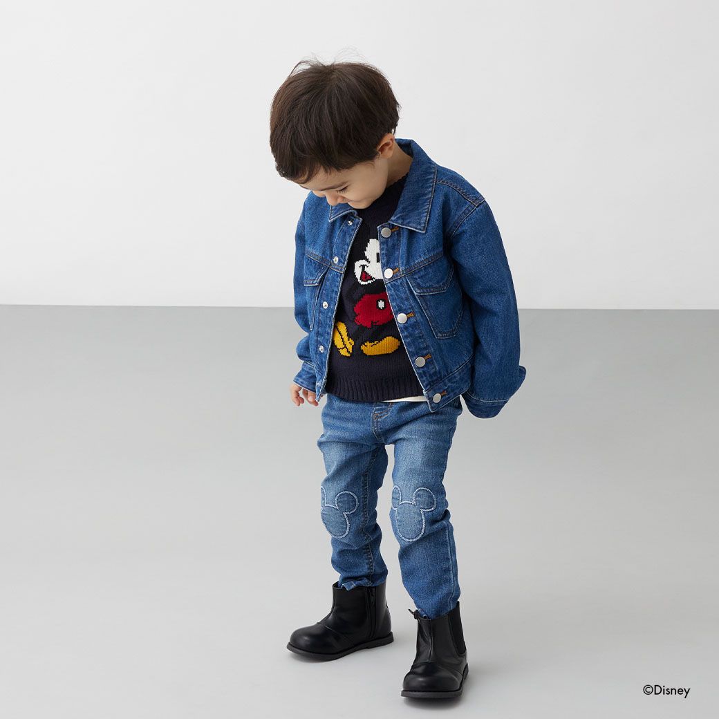 日本 petit main - 聯名款 經典印花廓形牛仔夾克-卡通人物米奇米妮-丹寧藍