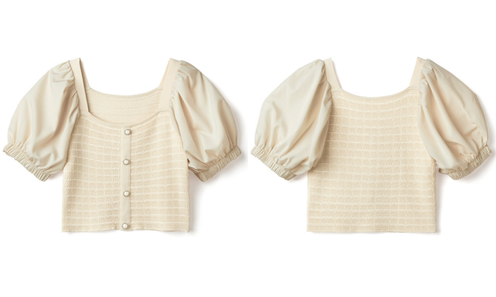 日本 GRL - 異材質拼接小網格針織排扣U領短袖上衣-天使白