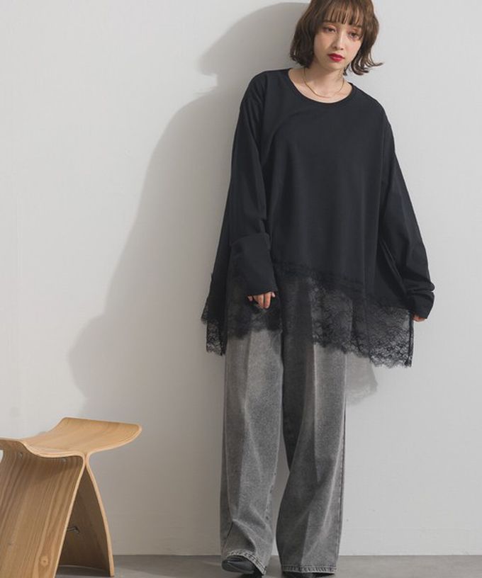 日本 ELENCARE DUE - 唯美蕾絲不規則下擺長袖上衣-咖啡