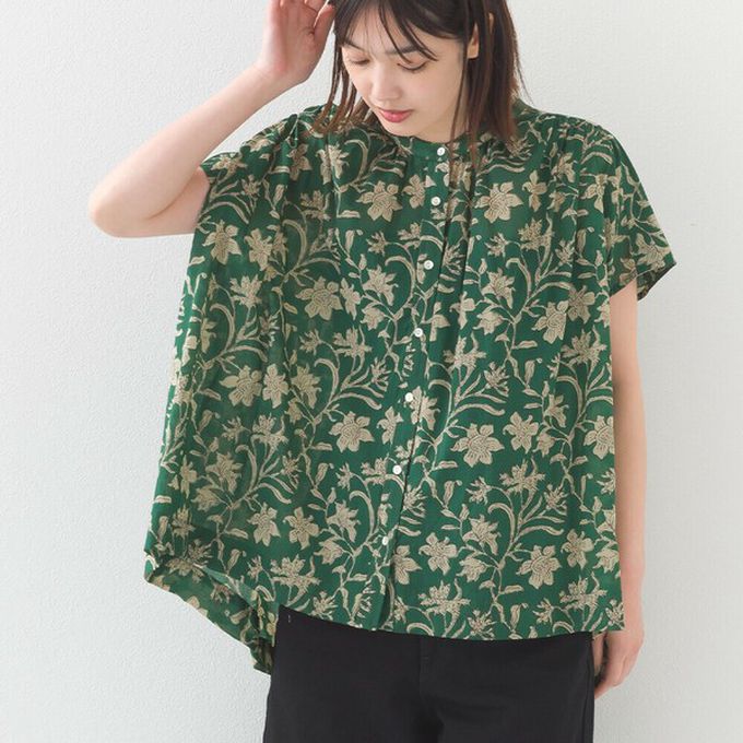 日本 OMNES - 100%印度棉 輕盈寬版襯衫式上衣-圖騰-海軍藍