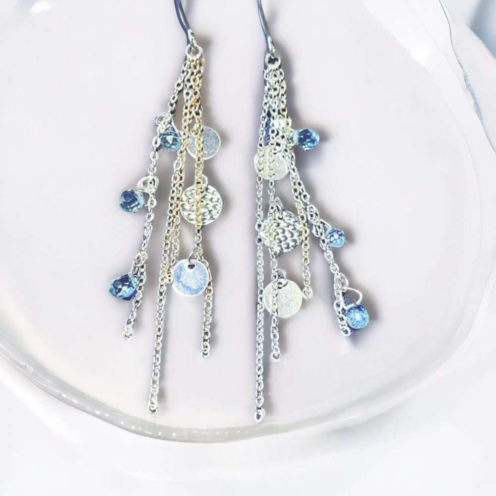 水藍串珠流蘇垂墜式耳飾耳針耳環 (黑)