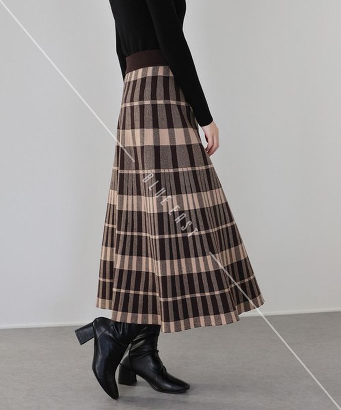 日本 BLUE EAST - 氣質女伶全腰鬆緊皺摺長裙-菱格-灰 (M)