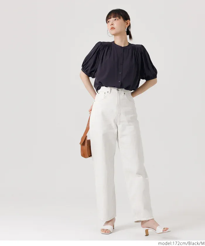 日本 COCA - 質感圓領泡泡短袖雪紡襯衫-白