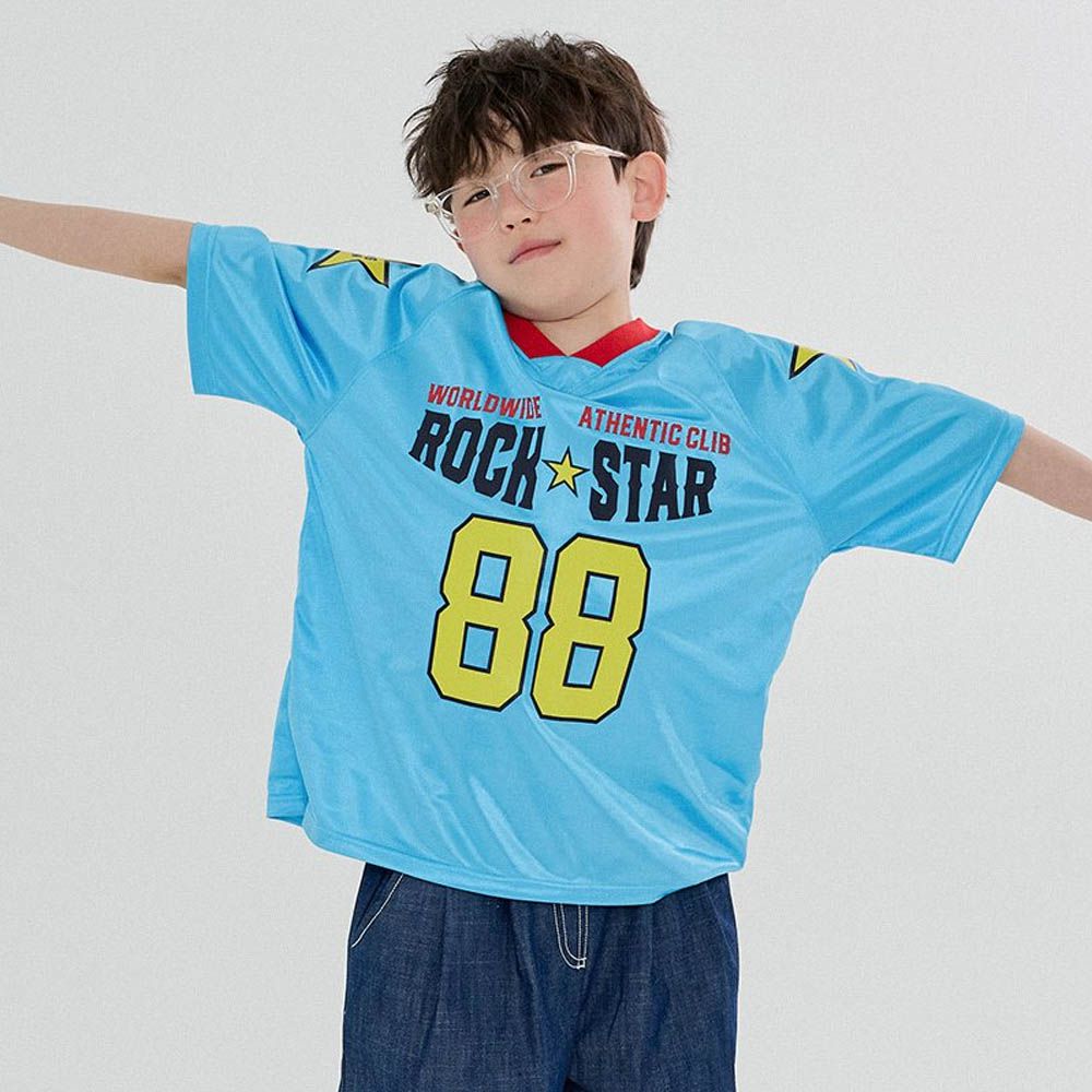 光澤感運動風短袖上衣-藍