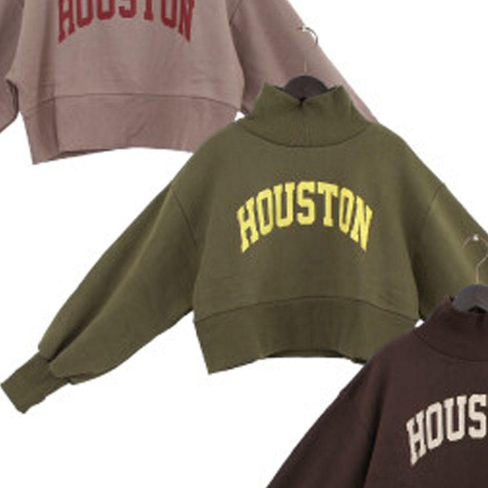 日本 Riche Glamour - 高領寬袖短版裏起毛大學T-HOUSTON-墨綠