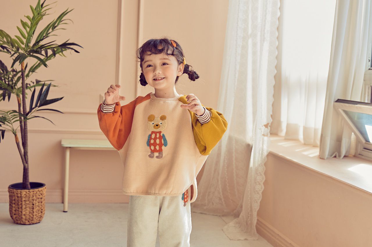 韓國 Mimico - (裏起毛)立體熊熊拼接色T-橘X黃