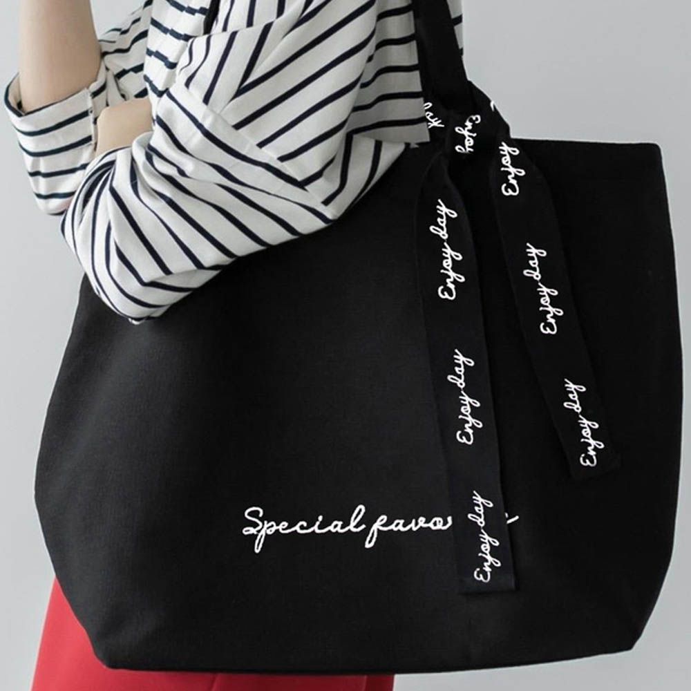 氣質緞帶帆布大容量手提包-黑 (F)