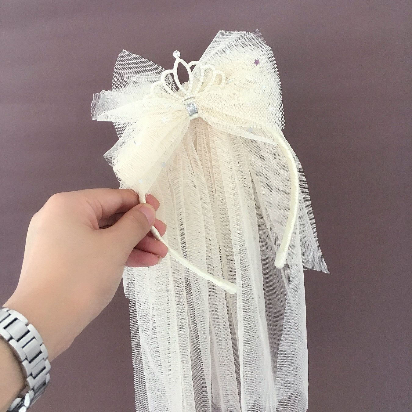 唯美蝴蝶結網紗髮箍-亮片網紗-粉色