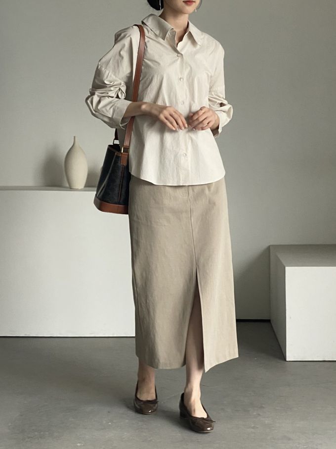 韓國女裝連線 - 知性背後抓褶翻領長袖襯衫-米杏 (FREE)