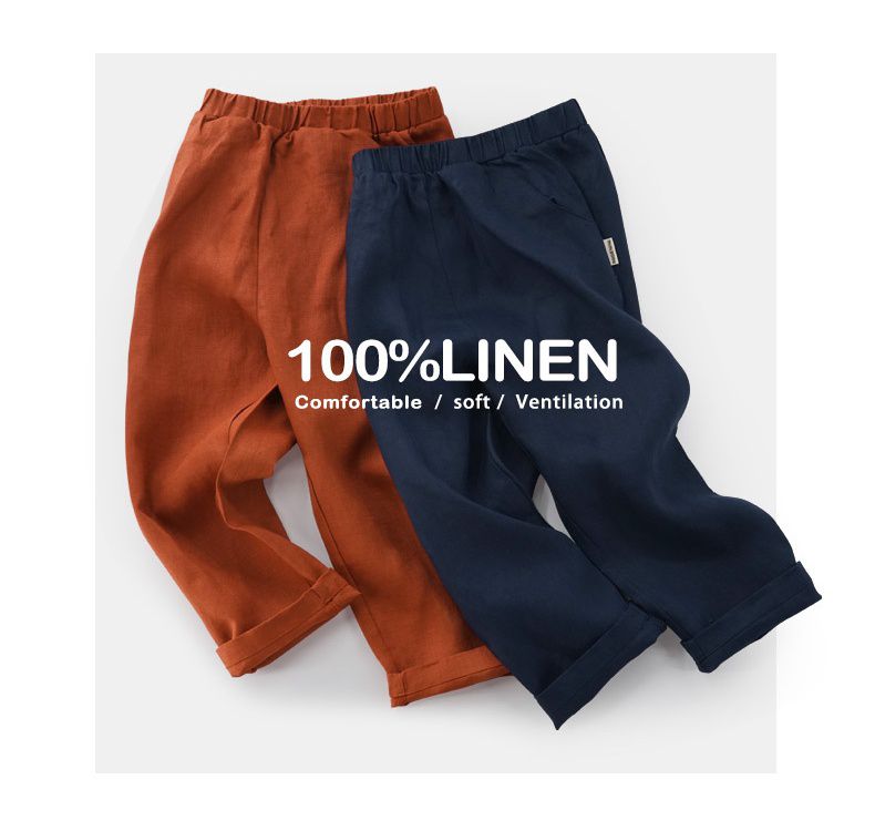 Minizone - 亞麻寬鬆長褲-藏藍色