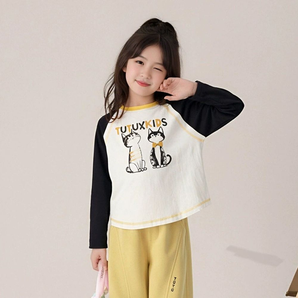 彈性拼色長袖上衣-可愛印花-黑色