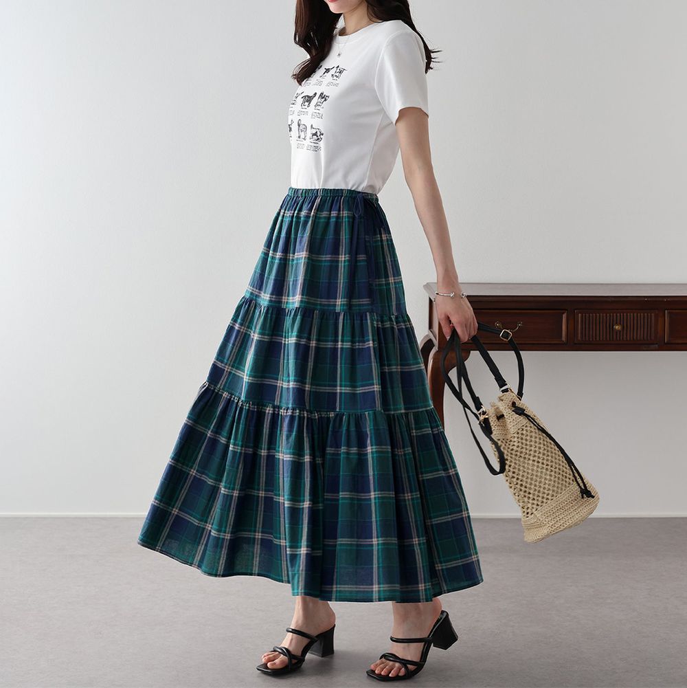 清新格紋側綁帶飄逸分層長裙-藍綠 (M)