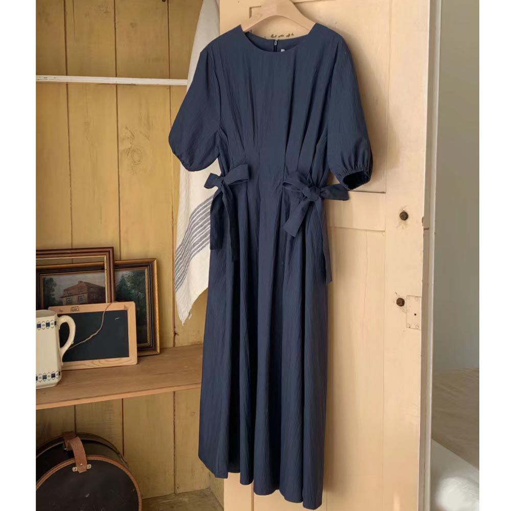 韓國女裝連線 - 質感腰際綁帶裝飾抓褶洋裝-海軍藍 (FREE)
