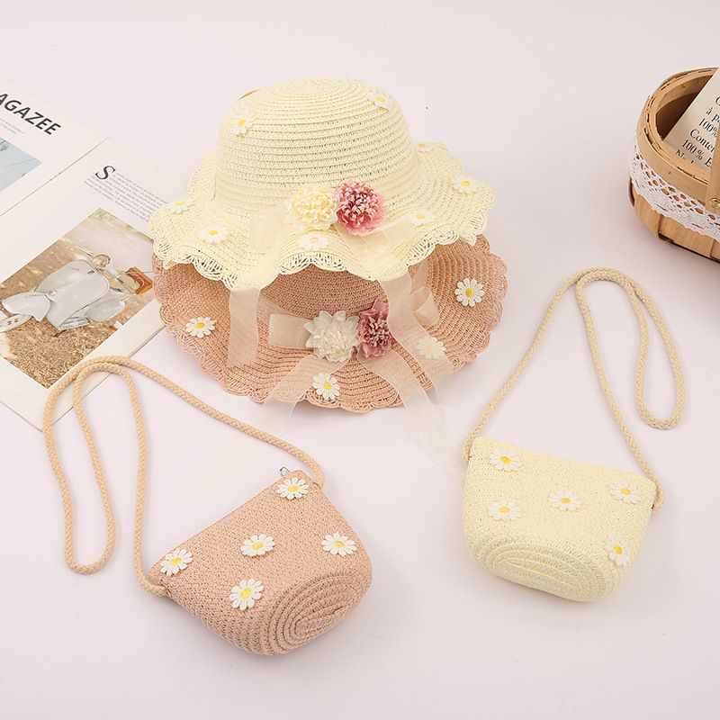 小仙女不規則大帽簷草帽/遮陽帽(附小背包)-編制花-杏色 (建議2-8歲)
