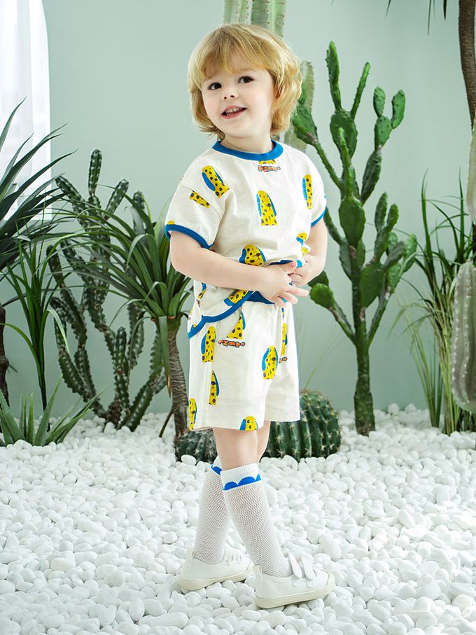 韓國 Pimpollo - 長耳斑點狗狗印短袖套裝-藍X磚紅