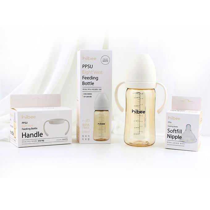 正韓 hibee - 靜謐 i 瓶 仿媽咪乳房感  『八孔360°循環防脹氣』 PPSU 寬口奶瓶/水瓶270ml_含把手-奶茶_HB3N