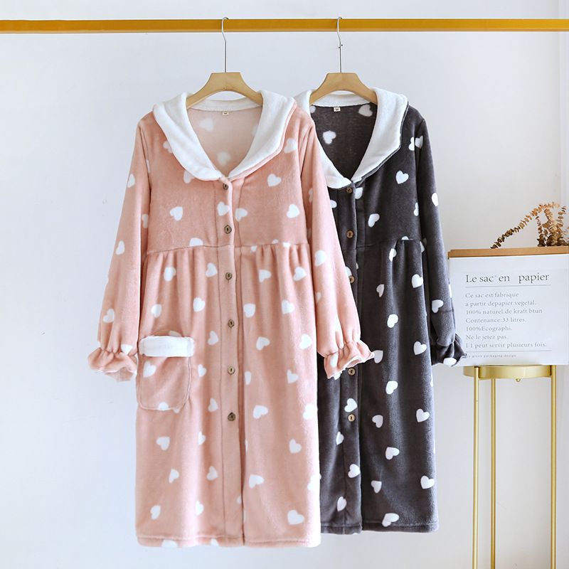 法蘭絨暖暖長袖連身睡衣-愛心-粉色