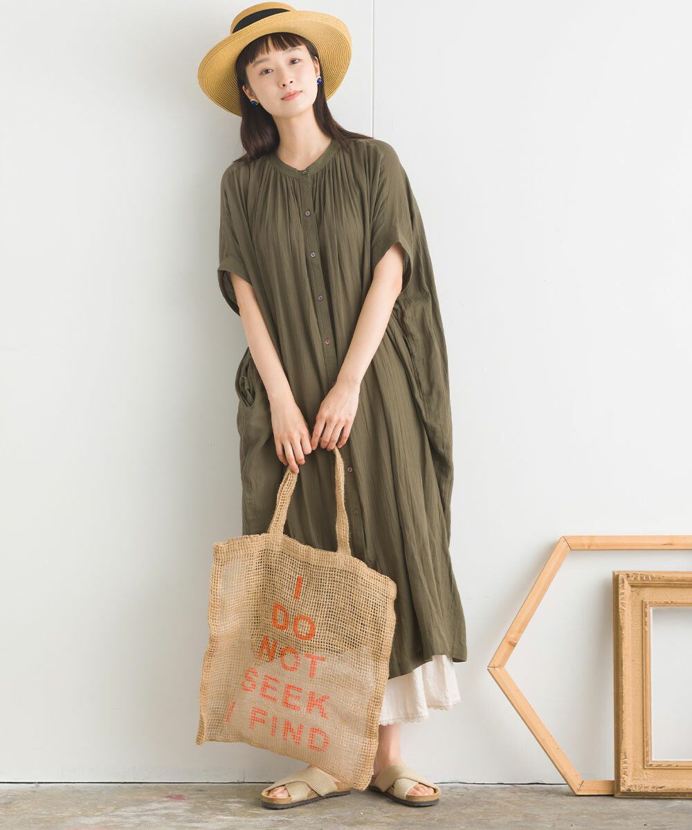 日本女裝代購 - 100%印度棉 文藝感排扣五分袖洋裝-米白