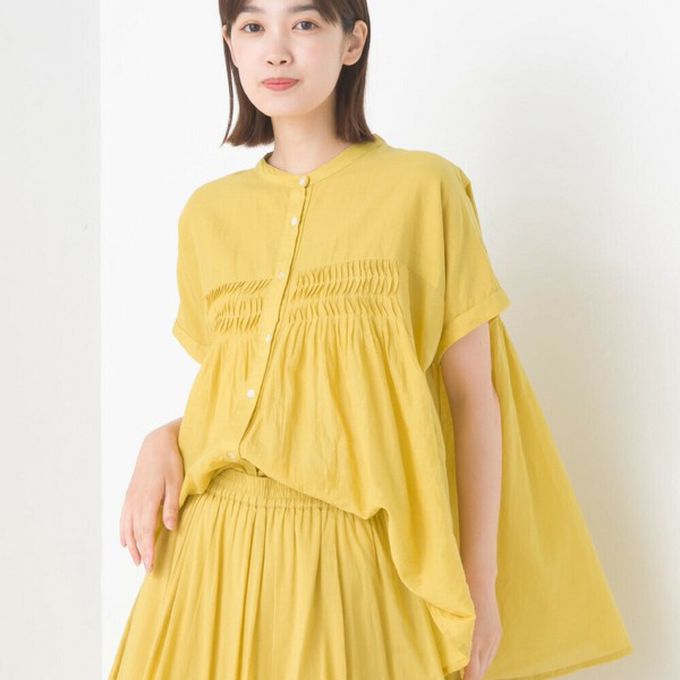 日本 OMNES - 100%印度棉 皺摺傘狀短袖襯衫-白