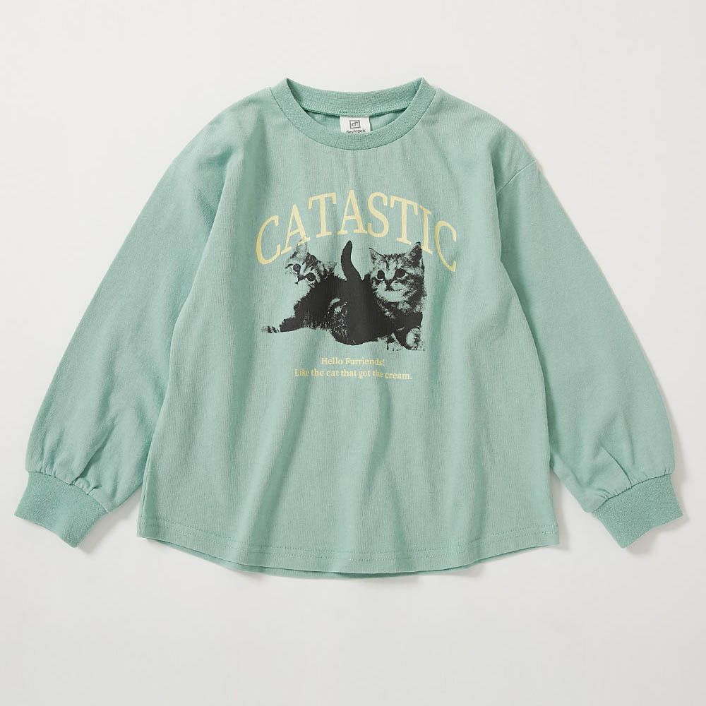 100%棉 定番女孩印花長袖上衣-貓咪-薄荷綠