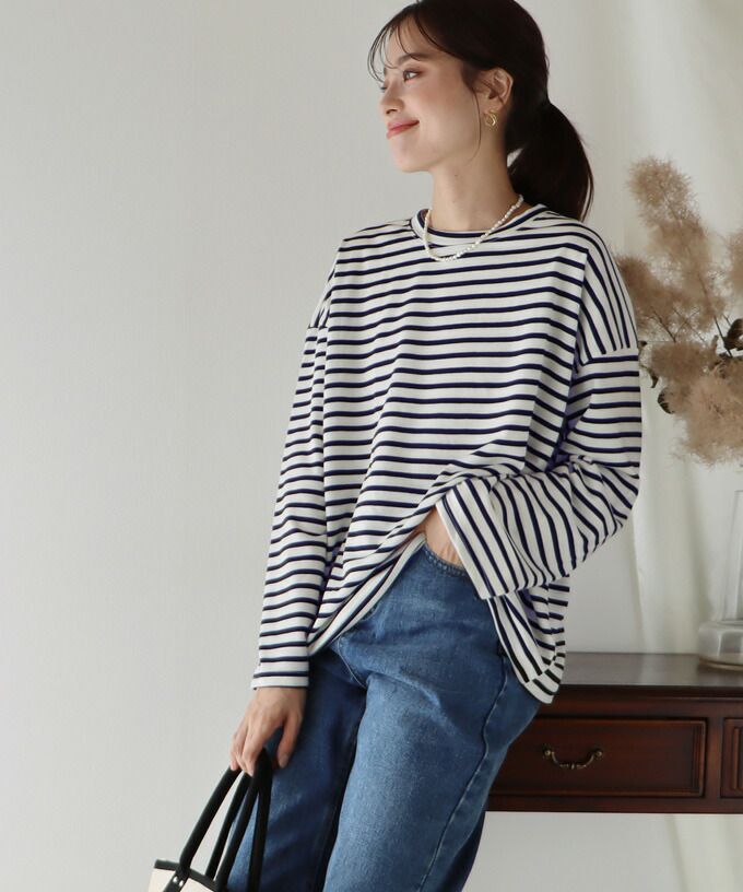 日本 BLUE EAST - 百搭落肩休閒長袖上衣-條紋-軍綠