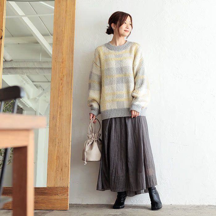 日本 ihuu - 大格紋俏皮針織毛衣-淺黃灰