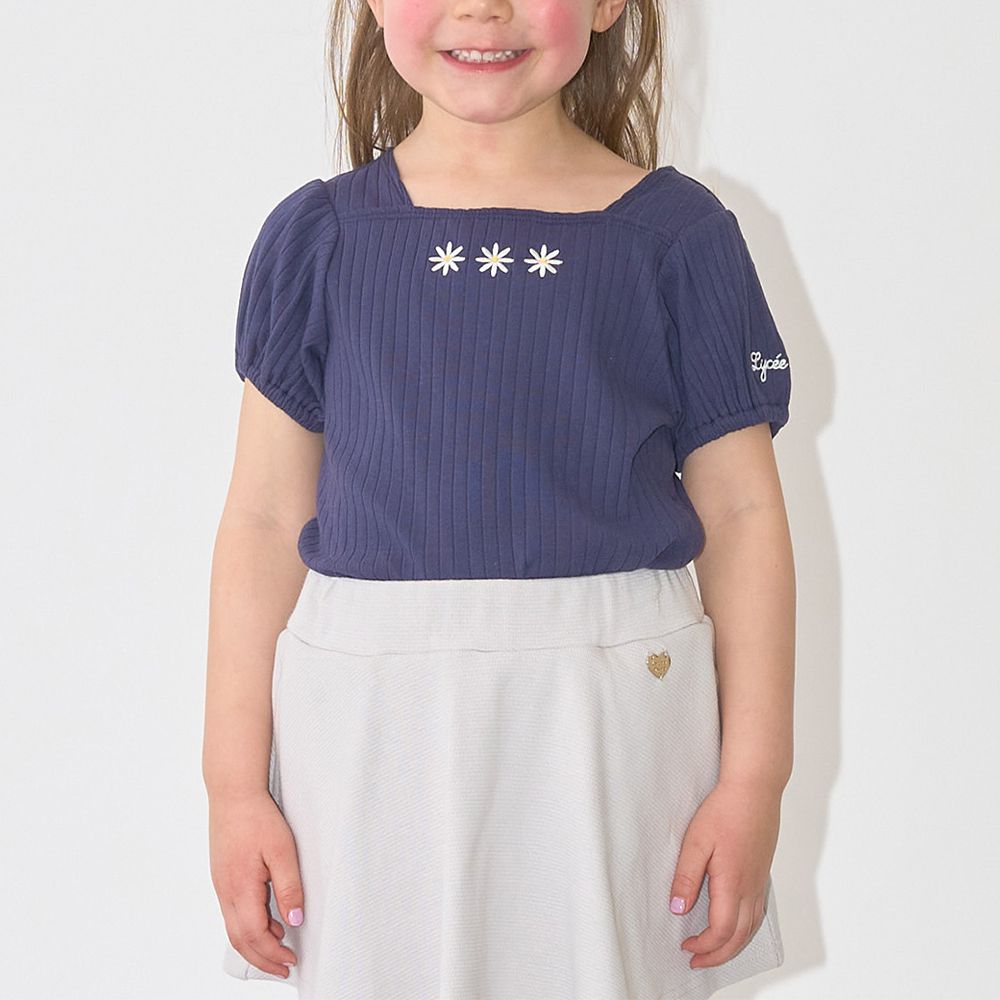 方領羅紋可愛刺繡泡泡短袖上衣-小花-深藍