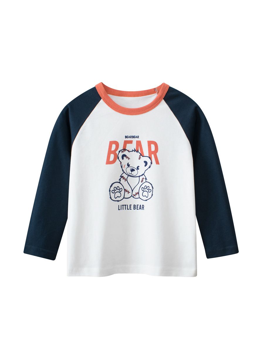 純棉圓領薄長袖上衣-可愛熊熊-米白+深藍